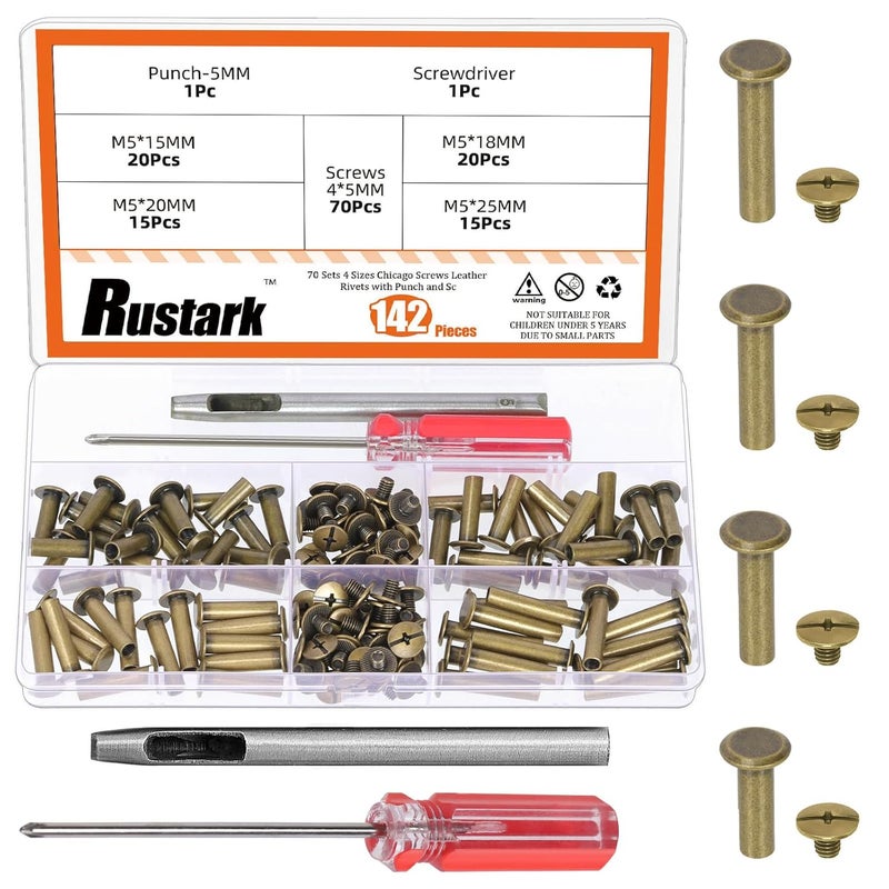 Rustark 142Pcs 4 Sizes Bronze Chicago Screws Leather Rivets Assortment Kit with Setting Tools M5 Assorted Screws Rivets Metal Chicago Binding Screw for Leather Craft Belts Bags - Image 1